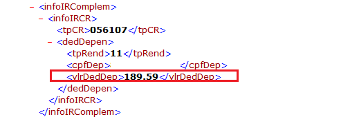 Trecho de arquivo XML com informações complementares de IR, destacando a tag de valor de dedução do dependente com '189.59'.