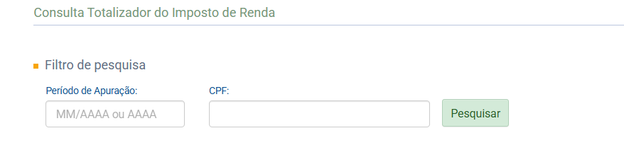 Tela de filtro de pesquisa do eSocial contendo os campos vazios de 'Período de Apuração' e 'CPF', ao lado do botão 'Pesquisar'.