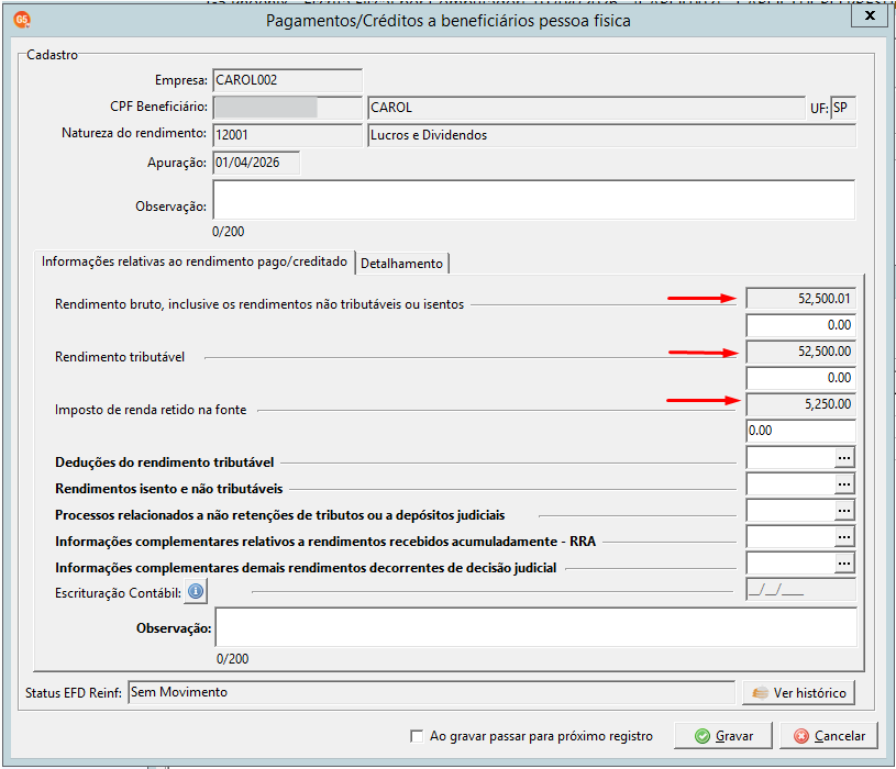 Tela do sistema para cadastro do beneficiário pessoa física.