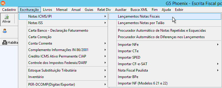 Menu de acesso no G5 com seleção do caminho Escrituração, seguido de Notas ICMS/IPI e a opção Lançamentos notas fiscais.