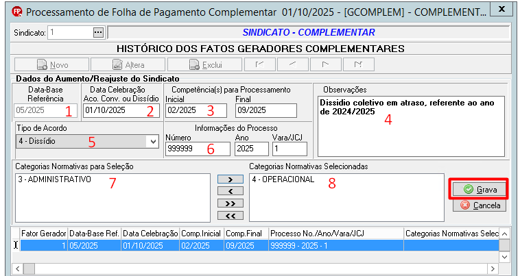 Formulário de aumento salarial preenchido com dados de dissídio, competências de 02/2025 a 09/2025 e categorias selecionadas. Botão "Grava" em destaque.