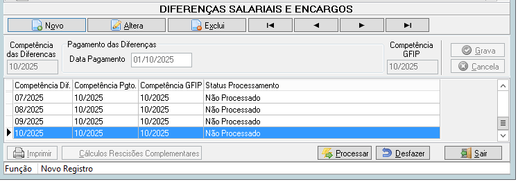 Tabela de Diferenças Salariais e Encargos listando competências de 07/2025 a 10/2025 com status "Não Processado" e botões de comando.