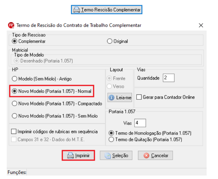 Janela de impressão do Termo de Rescisão, com a opção "Novo Modelo (Portaria 1.057) - Normal" selecionada.