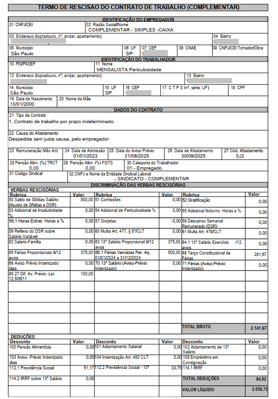 Documento final do Termo de Rescisão do Contrato de Trabalho (Complementar) preenchido com valores e rubricas calculadas.