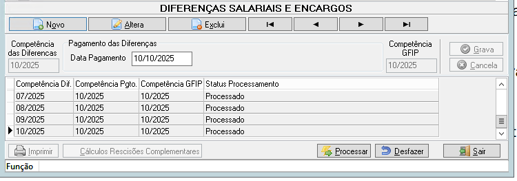 Tabela de Diferenças Salariais atualizada, exibindo todas as competências (07/2025 a 10/2025) com o status "Processado".