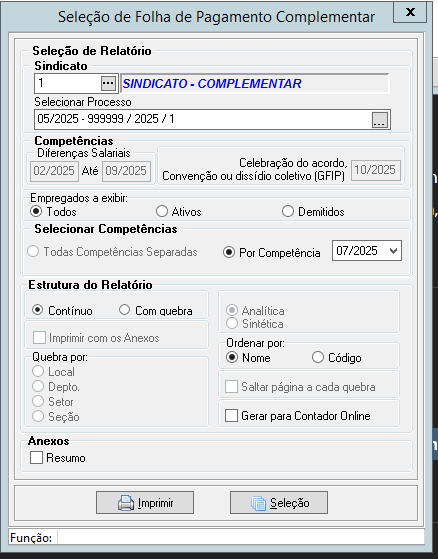 Documento de Folha de Pagamento Complementar detalhando proventos, descontos de INSS, FGTS e bases de cálculo de funcionários.