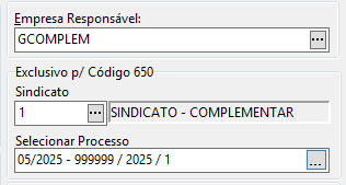 Campos de preenchimento para Empresa Responsável, Sindicato Complementar e seleção do processo de dissídio com data de 2025.