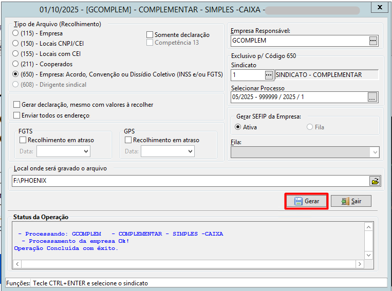 Tela completa do sistema com o botão "Gerar" destacado e o status da operação indicando "Operação Concluída com êxito".