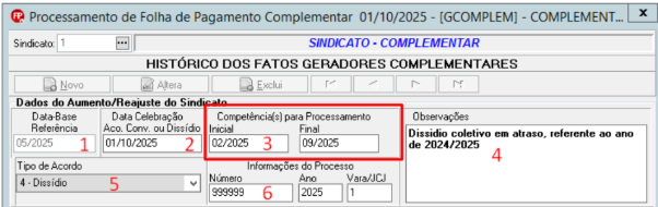 Tela de processamento de folha complementar com campos numerados para data-base, competências (02/2025 a 09/2025) e detalhes de dissídio coletivo.