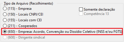 Opções de Tipo de Arquivo (Recolhimento), com foco no item "(650) - Empresa: Acordo, Convenção ou Dissídio Coletivo" selecionado.