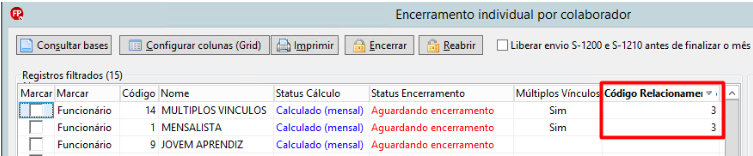 Tela de Encerramento Individual destacando a coluna Código Relacionamento com o valor 3 para os funcionários.