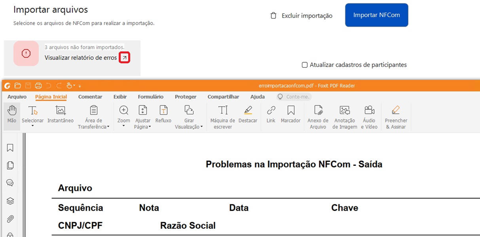 Destaque no link 'Visualizar relatório de erros' e abertura de PDF contendo a listagem detalhada dos problemas na importação de NFCom.