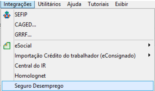 Menu Integrações do sistema de folha, destacando o acesso direto à funcionalidade de Seguro Desemprego.