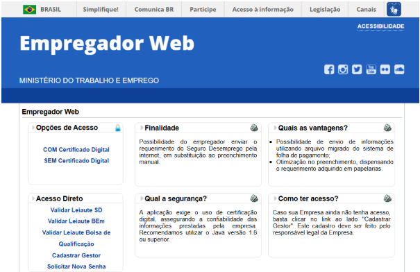 Portal Empregador Web do Ministério do Trabalho e Emprego, com opções de acesso com ou sem certificado digital e links para cadastro de gestor.