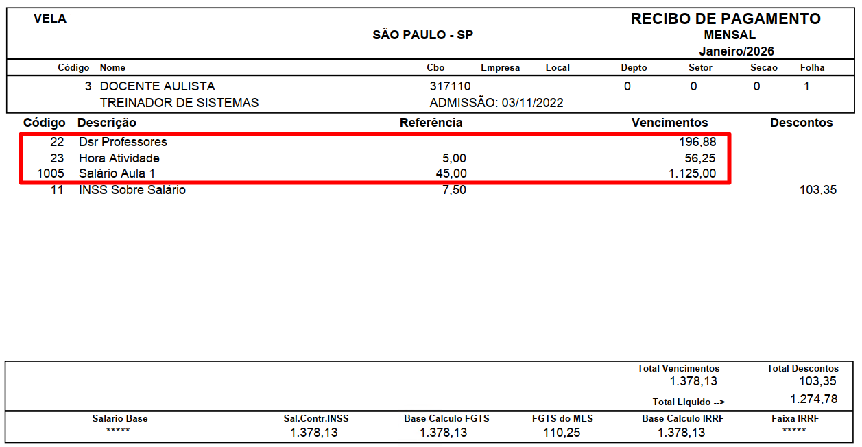 Recibo de pagamento mensal de janeiro/2026, destacando os vencimentos: DSR Professores, Hora Atividade e Salário Aula 1 (R$ 1.125,00).