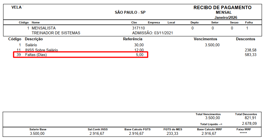 Recibo de pagamento de janeiro/2026 exibindo o desconto de 5 dias de faltas (evento 39) no valor de 583,33.