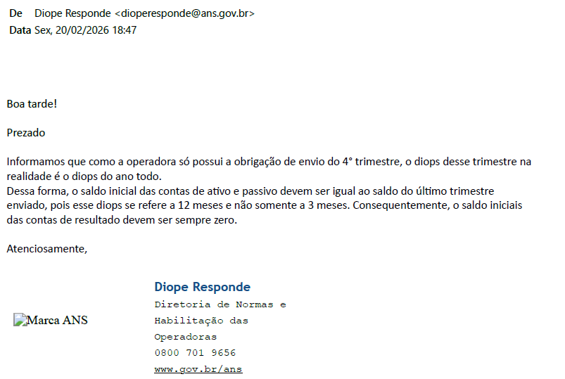 Comunicado da Diope sobre o DIOPS do 4º trimestre: saldos iniciais de ativo e passivo iguais ao último trimestre e contas de resultado zeradas.
