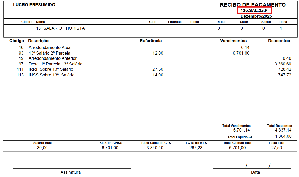 Recibo de pagamento da 2ª parcela do 13º salário de funcionário horista, com destaque para o tipo de folha e o total de vencimentos.