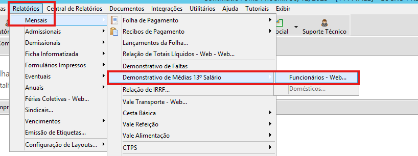 Menu do sistema destacando o caminho: Relatórios, Mensais, Demonstrativo de Médias 13º Salário e a opção Funcionários - Web.