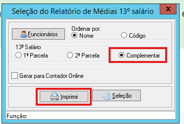 Janela de seleção do relatório de médias do 13º salário com a opção 'Complementar' marcada e o botão 'Imprimir' destacado.