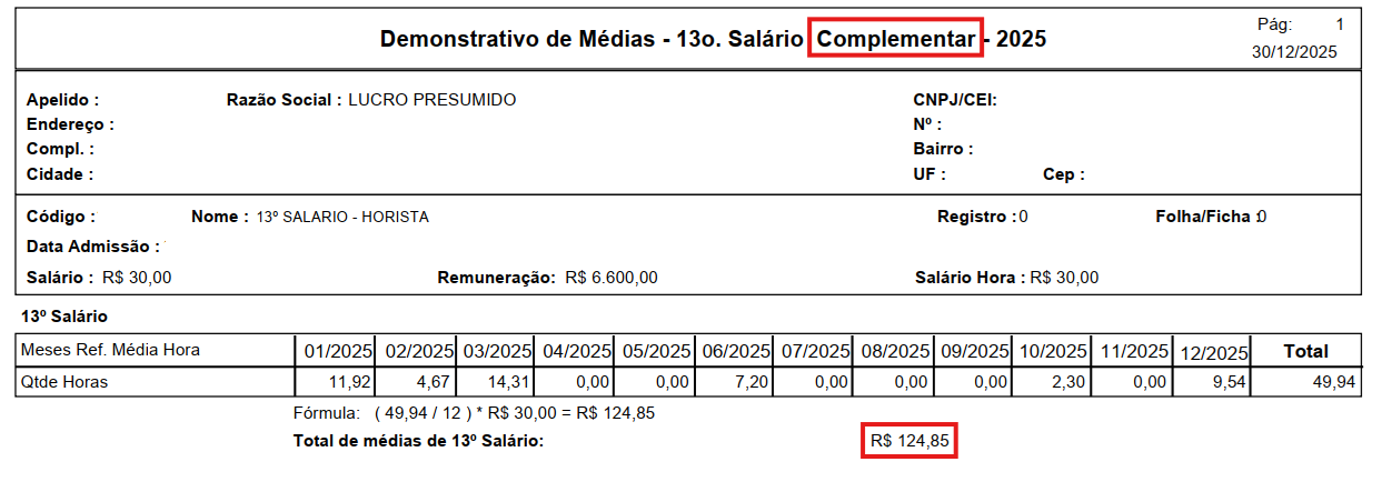 Relatório de médias do 13º salário complementar de 2025, apresentando a inclusão das horas de dezembro e o valor total de R$ 124,85.