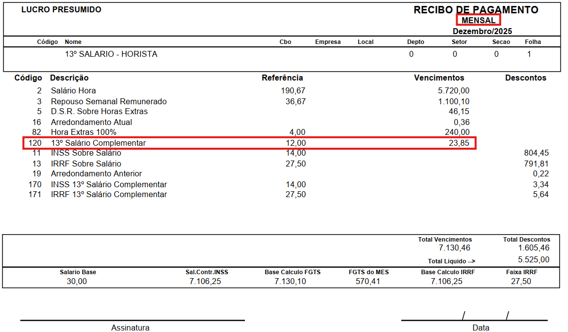 Recibo de pagamento mensal de dezembro com destaque para o evento '13º Salário Complementar' de R$ 23,85 e os descontos de encargos.