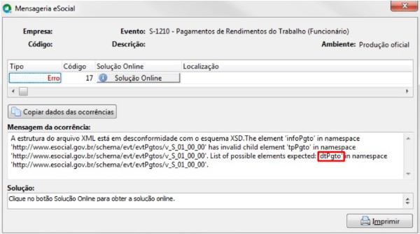 Tela de erro 17 no eSocial (S-1210). A mensagem indica falta do elemento "dtPgto" no XML do evento de pagamento.