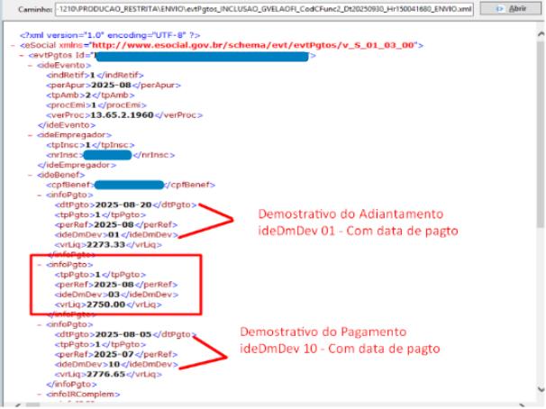 Estrutura XML do evento S-1210 destacando um bloco "infoPgto" sem a tag de data de pagamento, causando a rejeição.