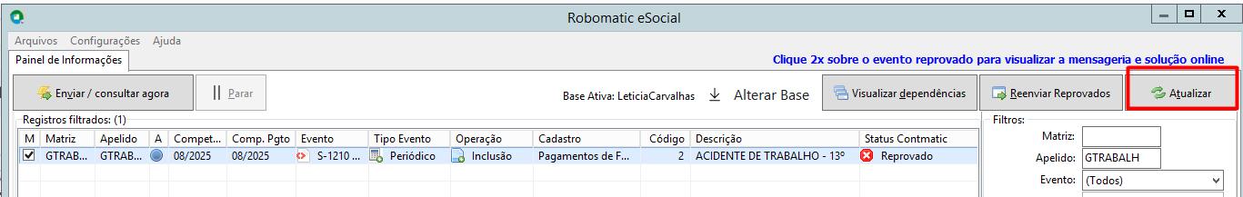 Painel Robomatic eSocial mostrando o evento S-1210 com status "Reprovado" e o botão "Atualizar" em destaque.