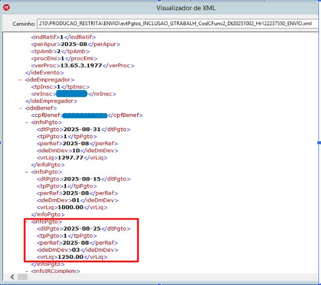 Visualizador de XML atualizado, agora contendo a tag "dtPgto" com a data 25/08/2025 dentro do bloco de pagamento.