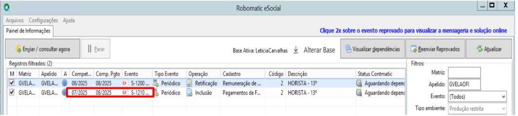 Painel do eSocial com eventos S-1200 e S-1210 pendentes; o evento S-1210 refere-se à competência 07/2025 paga em 08/2025.