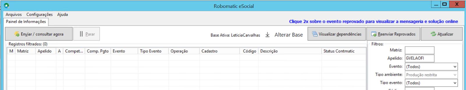 Tela final do Robomatic eSocial sem registros pendentes na lista após o processamento das atualizações.