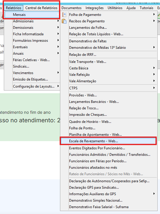 Menu superior do sistema exibindo o caminho de acesso: 'Relatórios', 'Mensais' e 'Escala de revezamento - Web'.