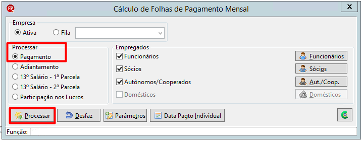 Janela de Cálculo de Folhas de Pagamento Mensal com a opção Pagamento e o botão Processar em destaque.