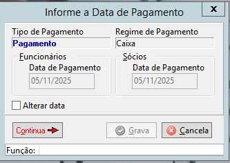 Tela Informe a Data de Pagamento exibindo a data 05/11/2025 para funcionários e sócios no regime caixa.