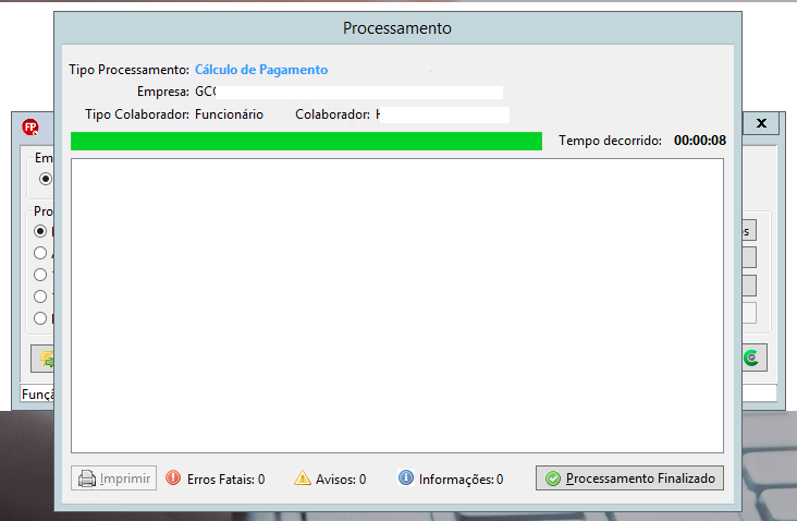 Janela de processamento concluído com barra de progresso verde e status Processamento Finalizado.