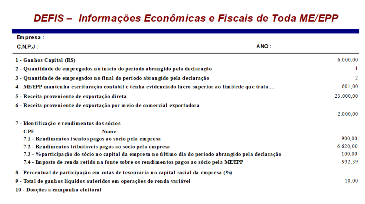 Relatório DEFIS com informações fiscais da empresa, destacando ganhos de capital, pessoas empregadas, exportações e rendimentos societários.