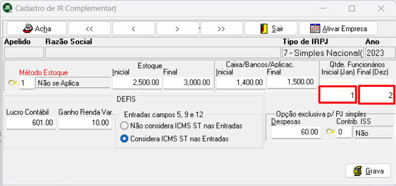 Tela de Cadastro de IR Complementar destacando os campos de quantidade de pessoas funcionárias inicial e final, preenchidos com 1 e 2.