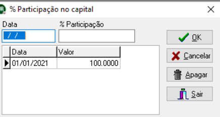 Janela de percentual de participação no capital social, exibindo o registro de 100% a partir da data de 01/01/2021.