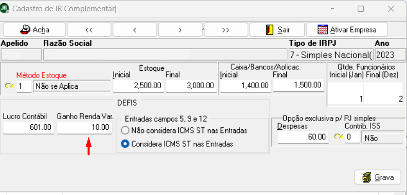 Tela de Cadastro de IR Complementar com destaque para o campo Ganho Renda Var. preenchido com o valor 10.00 na aba DEFIS.