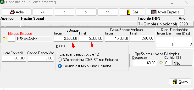 Tela de Cadastro de IR Complementar destacando os campos de Estoque Inicial e Estoque Final preenchidos com valores.