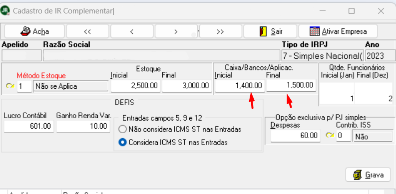 Tela de Cadastro de IR Complementar com destaque para os campos Inicial e Final de Caixa, Bancos e Aplicações.