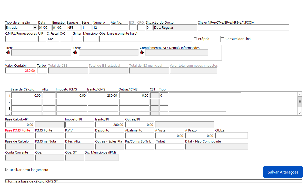 Interface de escrituração de entrada com foco no preenchimento do campo 'Base ICMS Fonte' (Substituição Tributária).