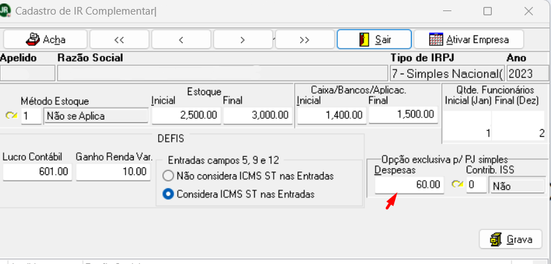 Cadastro de IR Complementar destacando a configuração da DEFIS e o campo para informe de despesas da empresa.