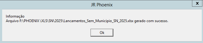 Mensagem de confirmação informando o sucesso na geração de arquivo Excel contendo a listagem de lançamentos sem município.