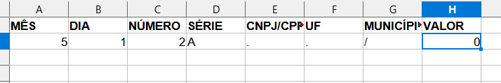 Planilha de conferência com colunas Mês, Dia, Número, Série e Valor, apresentando dados de um lançamento fiscal com valor zero.