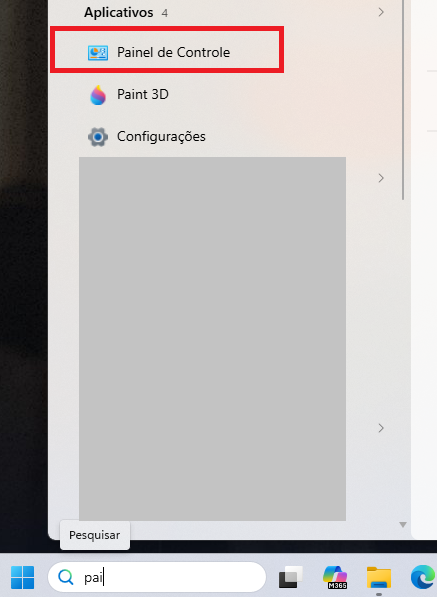 Menu Iniciar do Windows com o termo "pai" pesquisado e a opção "Painel de Controle" destacada por um retângulo vermelho.