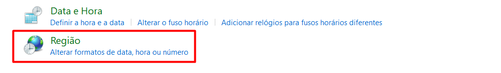 Configurações de "Relógio e Região" com a opção principal "Região" destacada por um retângulo vermelho.