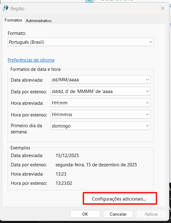 Janela "Região" aberta na aba "Formatos", com o botão "Configurações adicionais..." destacado no canto inferior direito.