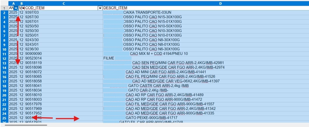 Planilha com setas vermelhas indicando a necessidade de preenchimento sequencial de dados nas colunas de data e códigos.